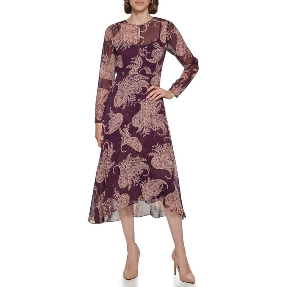 TOMMY HILFIGER Womens Burgundy Lined Cuff Hi-lo Hem Long Sleeve A-Line Dress 6